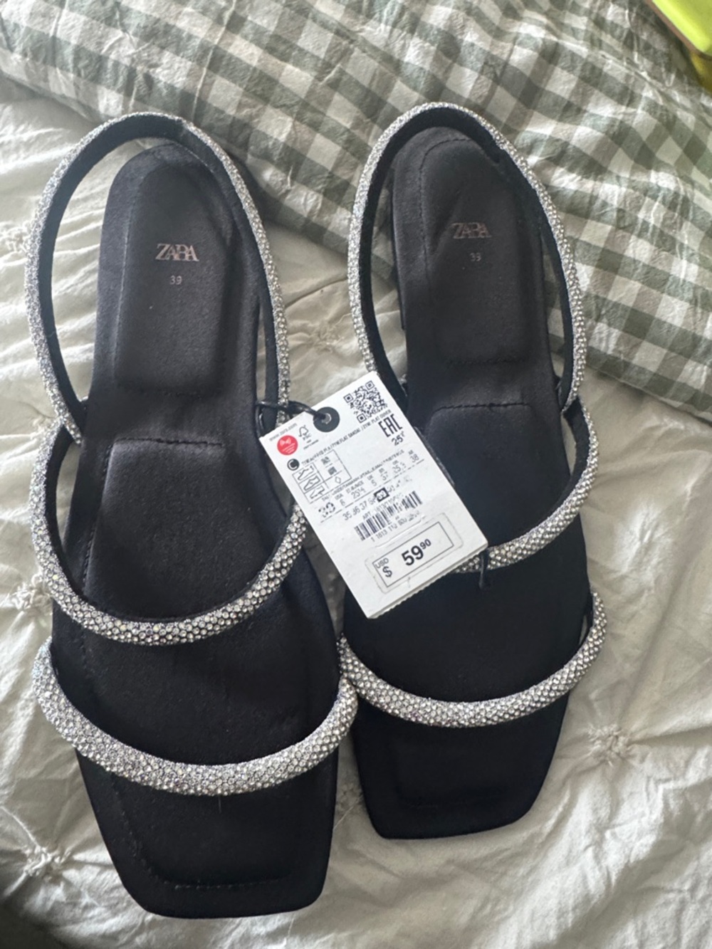 ZARA Black Sandals with Silver Crystal Straps
